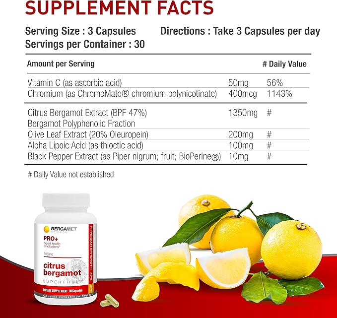 BergaMet Citrus Bergamot SuperFruit PRO+ Supplement, 200:1 Extract, 1350mg, 80% Polyphenols, Olive Leaf Extract, 47% BPF, World's Strongest, 90 Capsules, Backed by Clinical Studies, Made in The USA