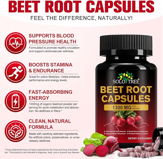 Beet Root Capsules for Natural Energy & Endurance Support,1300mg Beetroot Powder,Beet Supplement to Support Circulation and Blood Flow- 60 Capsules,30-Day Supply