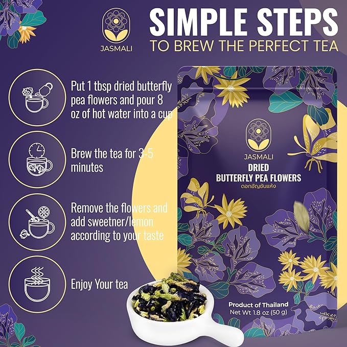 Jasmali Butterfly Pea Flower Tea - 1.8 oz Loose Leaf, Herbal, Caffeine Free, Vegan, Gluten Free, Thai Organic