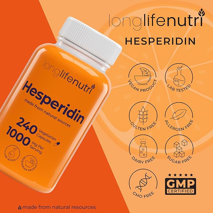 Hesperidin 1000mg, 240 Capsules (4 Month Supply), Supports Cardiovascular Health, Blood Pressure & Circulation, Immune Support, Potent Antioxidant & Vascular Function Benefits, Made in USA