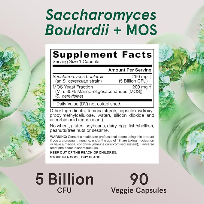 Jarrow Formulas Saccharomyces Boulardii Probiotics + MOS 5 Billion CFU Probiotic Yeast for Intestinal Health Support, Gut Health Supplements for Women and Men, 90 Veggie Capsules, 90 Day Supply