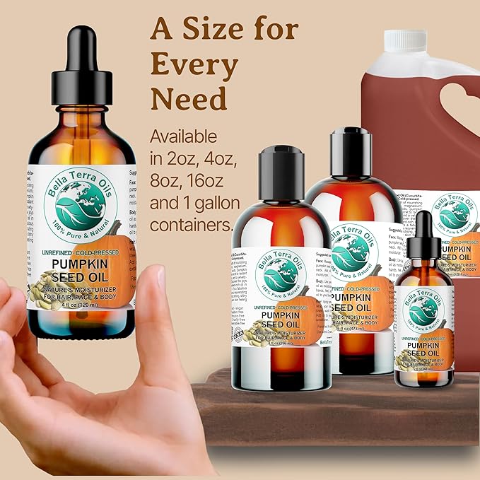 Bella Terra Oils Pumpkin Seed Oil for Hair, Skin, and Nails – 1 gallon, Deeply Hydrating, Nutrient-Rich, Premium Quality