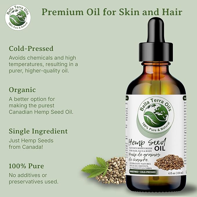 Bella Terra Oils Premium Hemp Seed Oil for Glowing Skin and Shiny Hair – 1gallon, Rich in Fatty Acids, Non-Greasy, Lightweight, Fast Absorbing