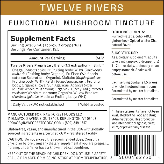 Twelve Rivers Functional Mushroom MycoMedic Elixir Tincture – 1:2 True Dual-Stage Extraction – Spiced Winter Chai – 2 Fluid Ounce Bottle