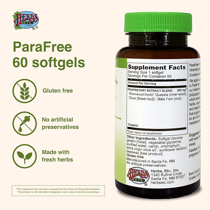 Herbs Etc. ParaFree - Gastrointestinal Support Supplement to Aid Intestinal Cleansing - Digestive Herbal Supplement with Wormwood, Quassia & Male Fern - 60 Softgels (60 Servings)