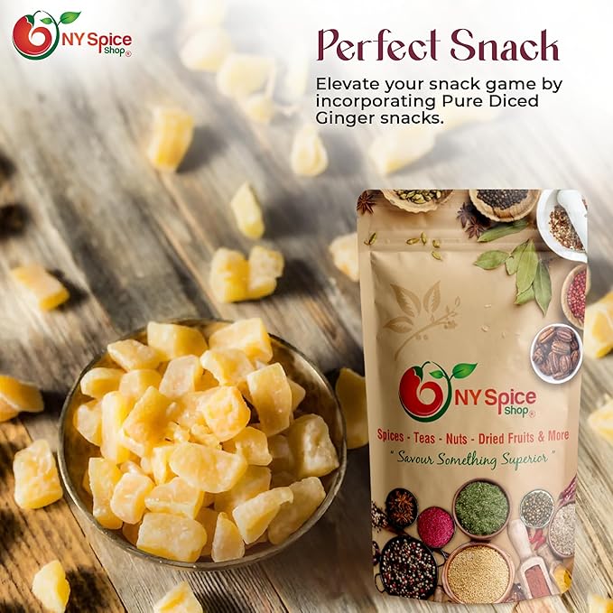NY SPICE SHOP Pure Diced Ginger Bites Without SO2 – (16 Oz.) 1 Pound Natural and Sweet Crystallized Ginger Chunks without Artificial Flavor - Simply Chewy and High Energy Snacks