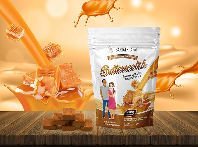 BariatricPal Sugar-Free Calcium Citrate Soft Chews 500mg with Probiotics (90 Count) - Butterscotch