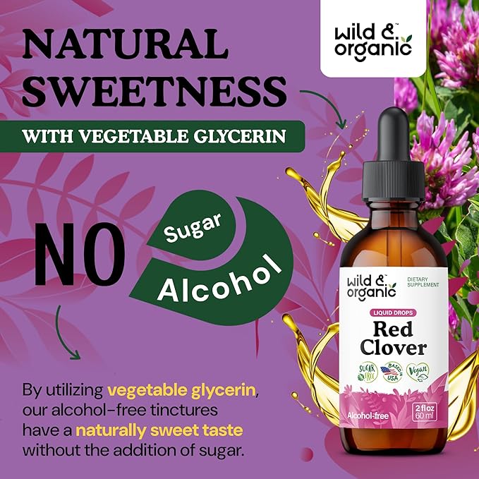 Wild & Organic Red Clover Extract Drops 600 mg - Liquid Red Clover Supplement for Women - 1-Month Supply - Trifolium Pratense Blossom Tincture - Vegan, Sugar & Alcohol-Free - 2 fl oz