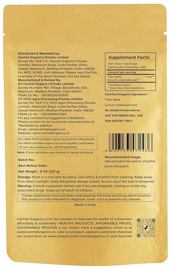 Organic Flax Seeds Whole 8 Ounce or 227g (0.5 Lb) | Non GMO | Kosher | USDA Certified Organic | By Carmel Organics | Unroasted Flax Seed | Plant Based | Linum usitatissimum
