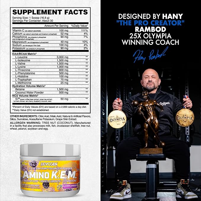 Evogen Amino K.E.M. - EAA & BCAA Powder Pump Volumizer | BCAAs Amino Acids Supplement for Blood Flow, Muscle Growth, & Hydration | BlackBerry Lemonade | 30 Servings