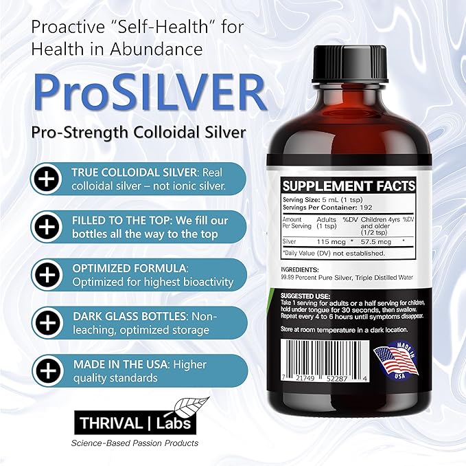 ProSILVER Black Label Pro-Strength Colloidal Silver for Immune Support, 30 PPM Maximum Strength for Professional Use, Dark Glass Bottle - Thrival Labs (32oz)