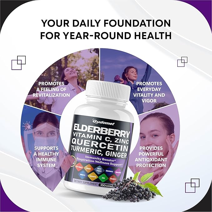 Elderberry Quercetin Bilberry Turmeric Tart Cherry Ginger Vitamin C Vitamin D3 Zinc Black Pepper -150 Capsules- Made in USA