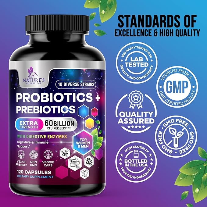 Probiotics for Women & Men 60 Billion CFU - 10 Strains with Lactobacillus, Digestive Gut Health Probiotics & Immune Support Supplement, Supports Occasional Constipation, Gas & Bloating - 120 Capsules