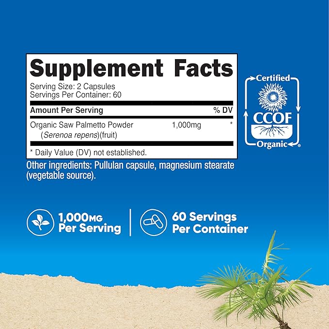 Nutricost Saw Palmetto 1000mg, 120 Capsules - CCOF Certified Made with Organic Saw Palmetto, Vegetarian Friendly, 60 Servings, 500mg Per Capsule, Gluten Free