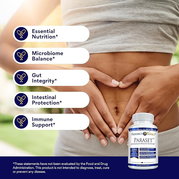 Research Verified Paraset - 120 Capsules - Natural Gut Health Enhancer - Garlic Bulb, Papain, Sweet Wormwood, Black Walnut, BioPerine - Vegan