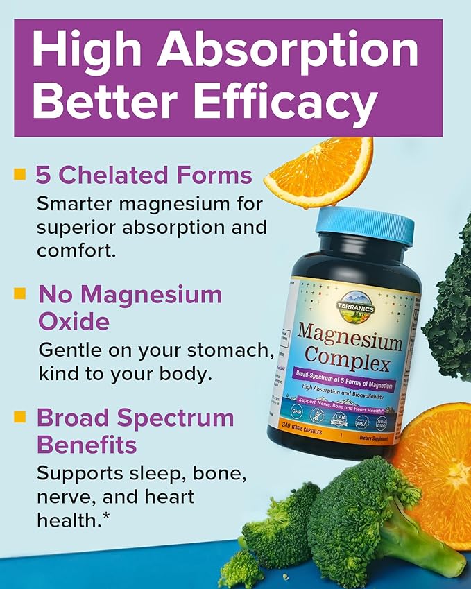 Terranics 5-in-1 Magnesium Complex Supplement 500mg - 5 Forms High Absorption Magnesium Glycinate Citrate Malate Aspartate Gluconate for Sleep Heart Health - Non-GMO 240 Vegan Capsules