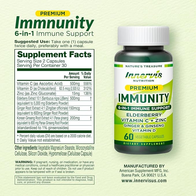 Premium Immunity 6-in-1 Support – Vitamin C 500mg, Vitamin D3 2500IU, Zinc, Elderberry, Ginger, Korean Ginseng – Immune Booster for Adults, Vegan Capsules, 1 Month Supply