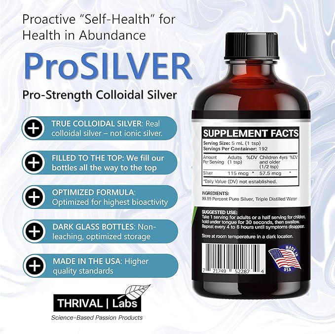 ProSILVER Black Label Pro-Strength Colloidal Silver for Immune Support, 30 PPM Maximum Strength for Professional Use, Dark Glass Bottle - Thrival Labs (32oz)