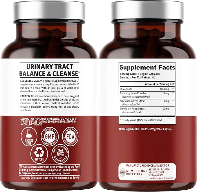 Number One Nutrition Premium D Mannose with Cranberry and Hibiscus [Max Strength, 1350mg] 120 Capsules