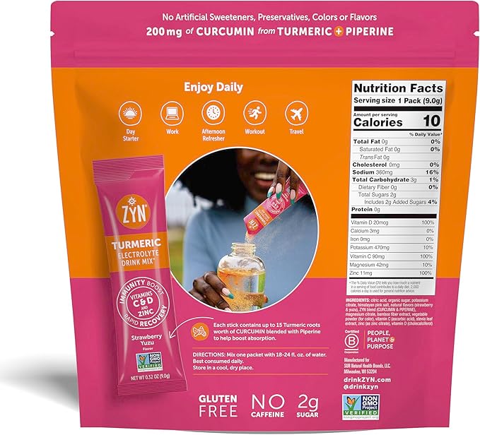 ZYN Electrolyte Drink Mix Hydration Packets, Strawberry Yuzu Electrolytes Powder, Hydration Packets w/Turmeric Curcumin, Vitamin C & D, Zinc, Hydrate & Recover Electrolyte Powder, Pack of 16