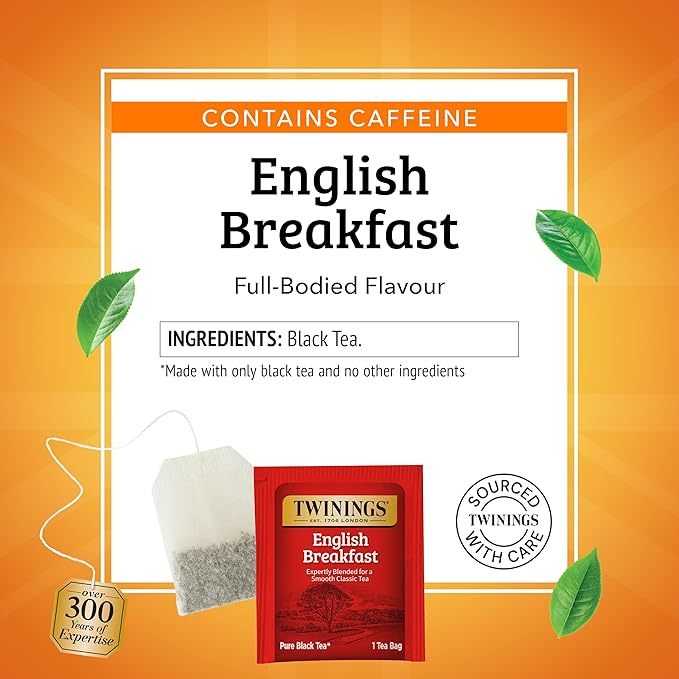Twinings English Breakfast Black Tea Individually Wrapped Bags, 100 Count (Pack of 1), Smooth, Flavourful, and Robust, Caffeinated, Enjoy Hot or Iced, 100 Teabags