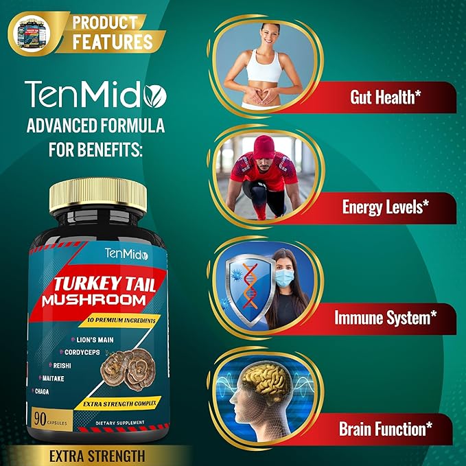 Turkey Tail Mushroom Supplement Extract with Lions Mane, Cordyceps, Reishi and More, 10 Herbs in 1 | Improves Digestive Function, Supports Immune System, 3 Months Supply