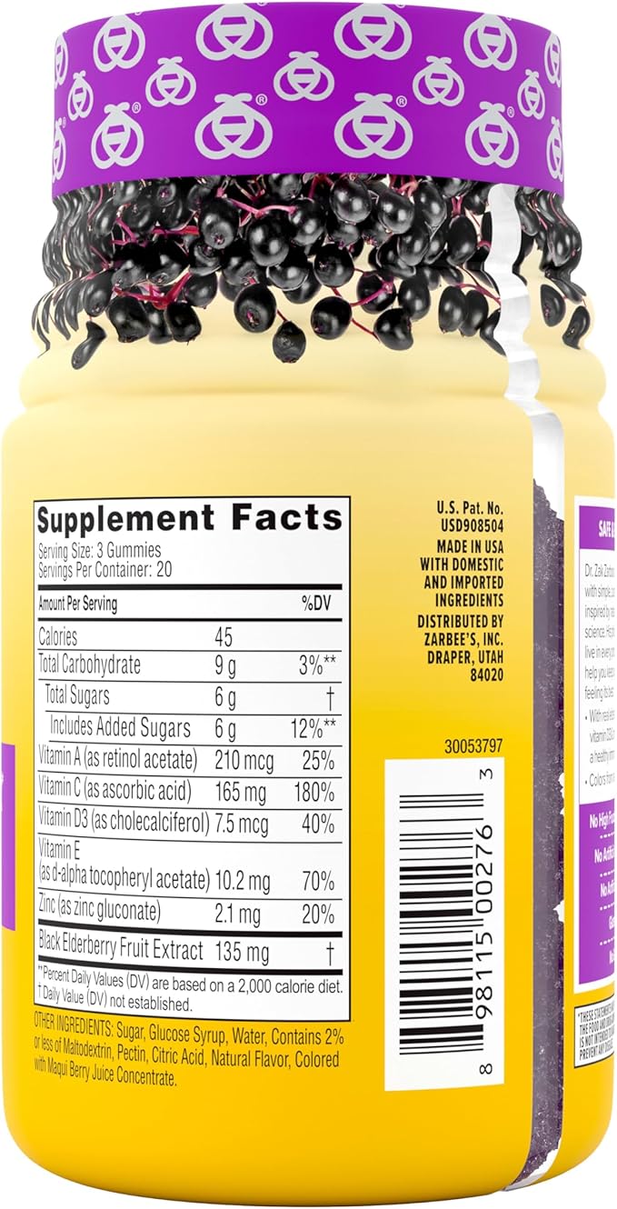Zarbee’s Elderberry Gummies Daily Immune Support Supplement with Vitamins A C D E & Zinc, Black Elderberry Extract, Natural Berry Flavor, Vegetarian, Gelatin-Free, 60 Count