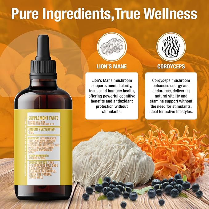 Vesper Gold Metal Mushroom Liquid Extract - Cordyceps & Lion’s Mane Blend with Wild Huckleberries for Neurogenesis, Performance, and Energy, USA-Grown, for Focus & Endurance – 4oz