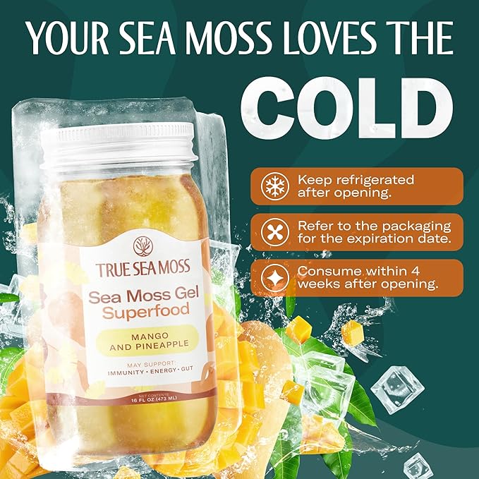 TrueSeaMoss Sea Moss Gel – Made in USA – Wildcrafted Seamoss, Fresh Fruits & Sea Vegetables – Mango/Pineapple, Pack of 1 (Labels may Vary)