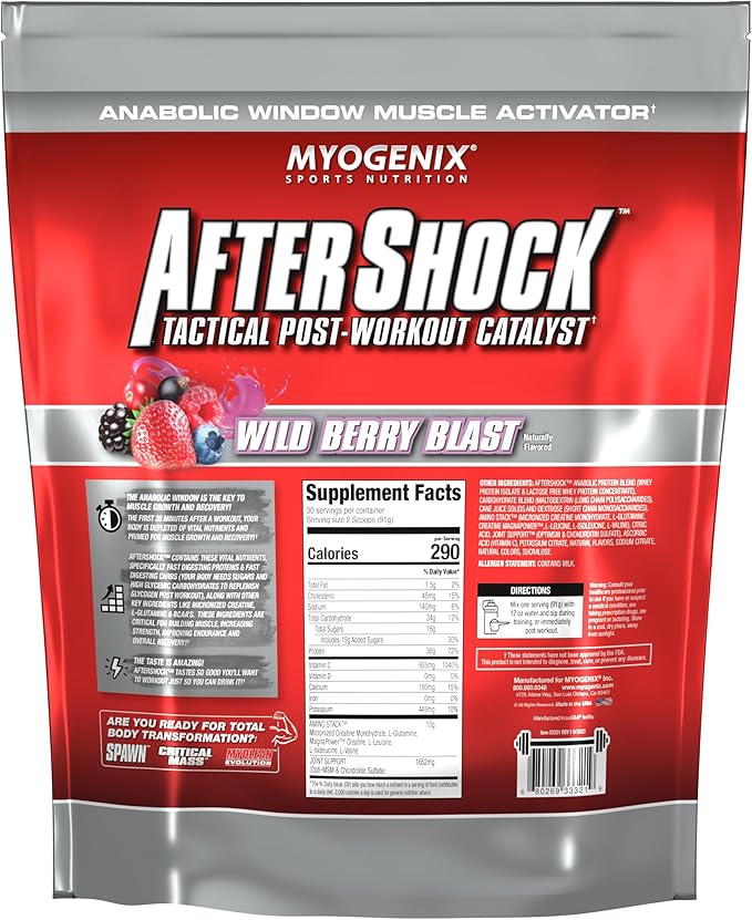 Myogenix Aftershock Post Workout — Muscle Growth Whey Protein Powder — Speeds Up Muscle Growth and Recovery — Supports Joint Health and Replenishes Glycogen — Wildberry Blast, 6 lbs
