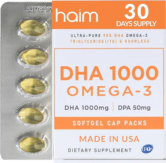 HAIM DHA 1000 Omega-3 Fish Oil - 90% Purity with 1000mg DHA, 50mg DPA - High Potency Fish Oil Supplement for Brain, Eye & Heart Support - Promotes Overall Wellness & Focus - 1 Box, 60 Softgels