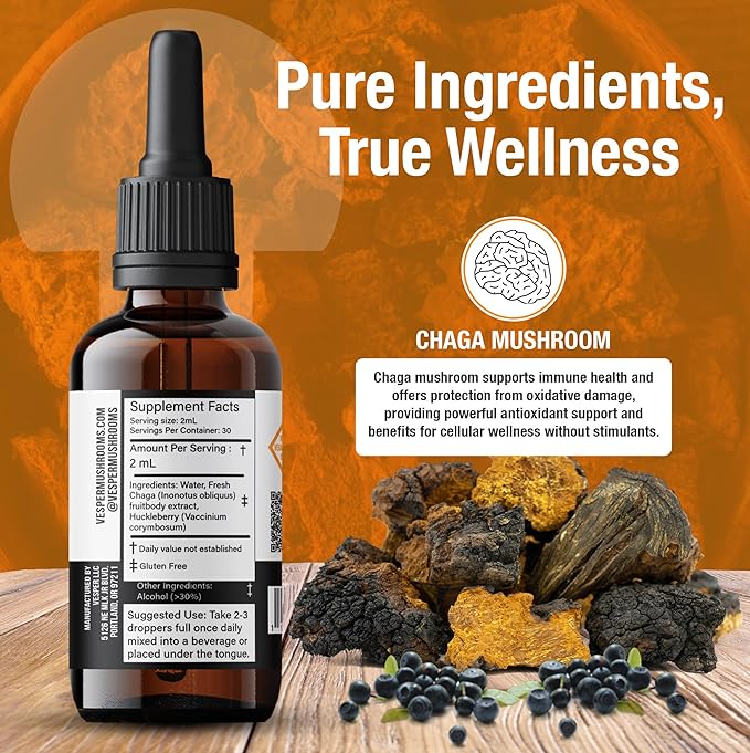 Vesper Chaga Mushroom Liquid Extract - Double Extraction with Wild Huckleberries for Antioxidant Support, Immune Health, USA-Grown, for Vitality & Cellular Defense – 2oz