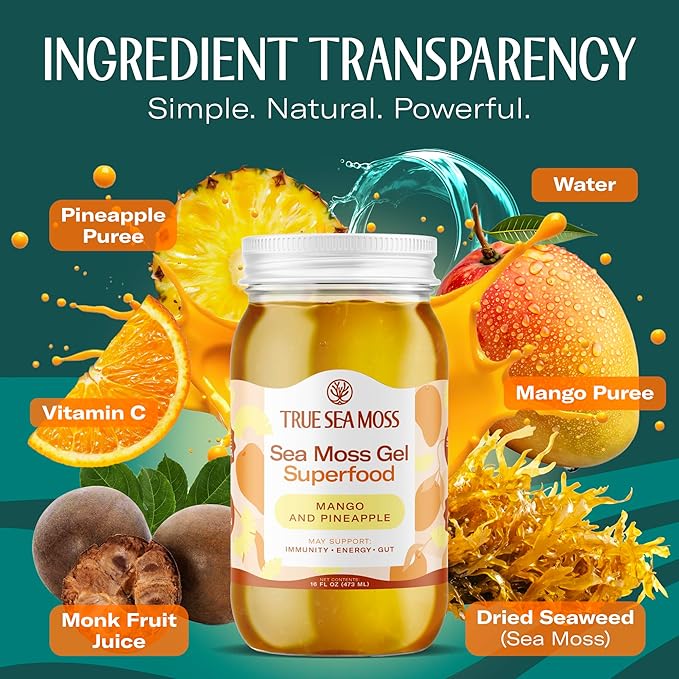 TrueSeaMoss Sea Moss Gel – Made in USA – Wildcrafted Seamoss, Fresh Fruits & Sea Vegetables – Mango/Pineapple, Pack of 1 (Labels may Vary)