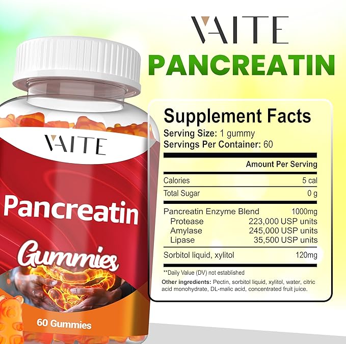Pancreatin Enzyme Gummies 1000mg – Enzyme Blend for Protein & Carbohydrate Digestion – Digestive Support for Adults with Protease, Amylase & Lipase – Gentle Formula – Non-GMO, Gluten-Free – 60 Gummies