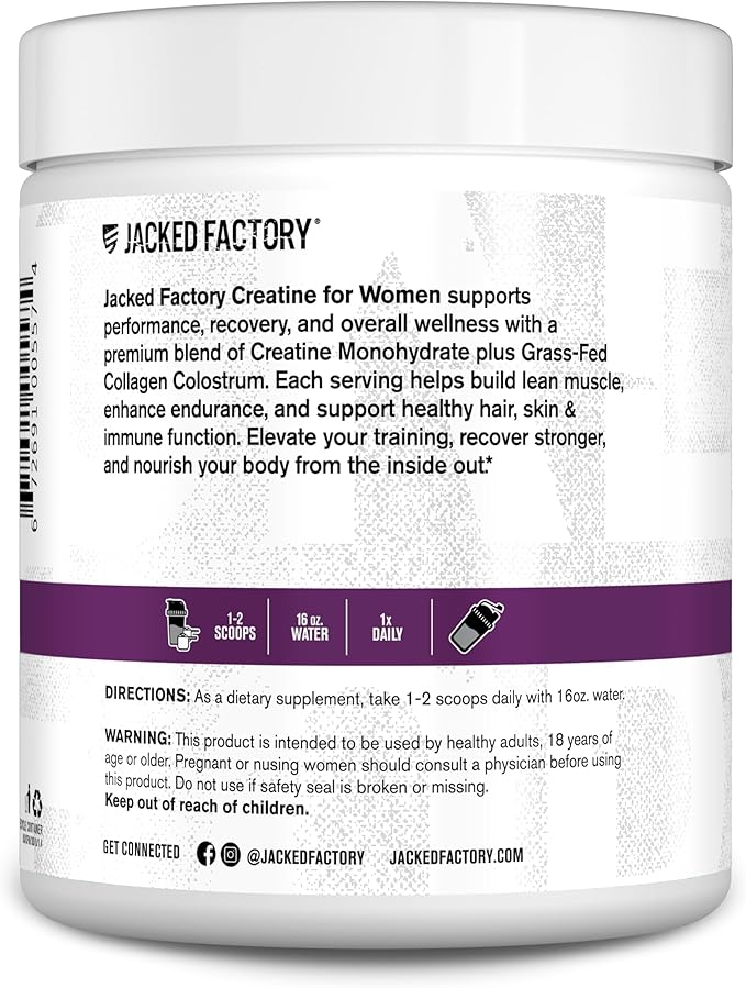 Jacked Factory Creatine for Women - Creatine Monohydrate with Collagen + Colostrum to Support Workout Performance, Lean Muscle Growth, Healthy Hair, Skin, & Nails - 30 Servings, Unflavored