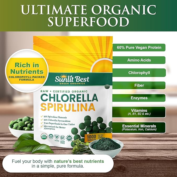 Sunlit Best Chlorella Spirulina Tablets - Organic USDA, Premium Spirulina and Chlorella Tablets 1000 Count - Sun Chlorella Pure Natural Superfood with Algae, Enzymes Chlorophyll & Vegan Protein