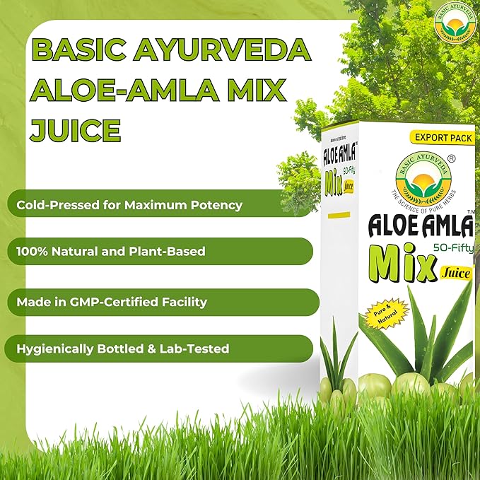 Basic Ayurveda Gooseberry + Aloe Vera Juice – 16.23 Fl Oz (480ml) | 50-Fifty Herbal Mix for Immunity, Digestion & Skin Health | Amla & Aloe Blend | 100% Natural | Daily Ayurvedic Tonic