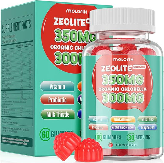 Zeolite Detox for Kids & Adults, 350mg Zeolite Gummies with 300mg Organic Chlorella, Glutathione, Probiotic & Vitamin D3, E, C, B6, B12 for Immune & Gut Support, Apple Gummies, 30 Serving