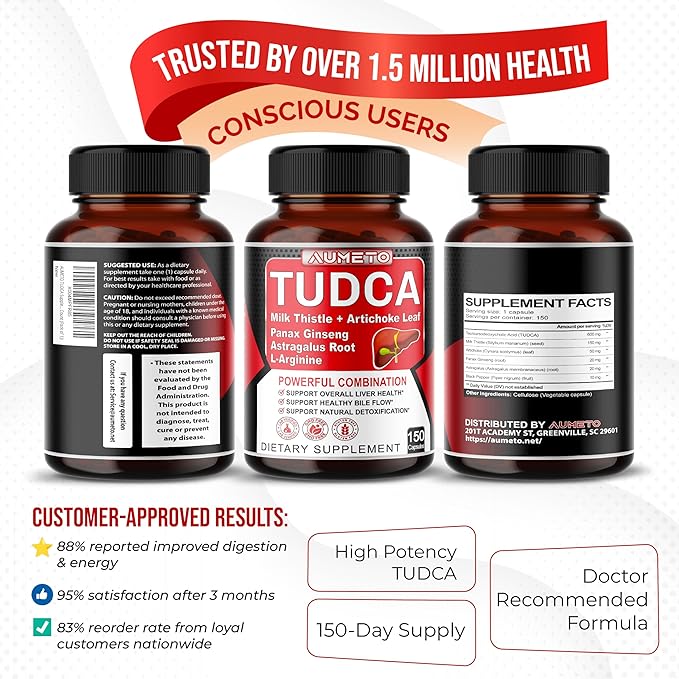 TUDCA Supplement (Tauroursodeoxycholic Acid) with Milk Thistle, Artichoke, Panax Ginseng, Astragalus - Bile Flow & Digestion Support (150 Count (Pack of 1))