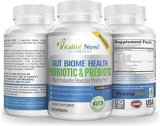 Premium Probiotic plus Ultimate Prebiotic - Gut Biome Builder & Restoration - 4.4 Bn CFU - Best for Women & Men - Bacteria Reaches Intestine within Hours - No Refrigeration - Bacillus Subtilis