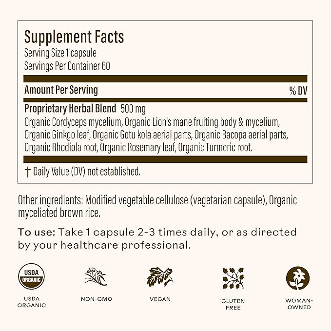 Wooden Spoon Herbs - Brain Bloom | Organic Brain Supplement for Memory and Focus with Rosemary, Bacopa, Lions Mane, Gotu Kola & Ginkgo Leaf & Turmeric | Gluten-Free, Non-GMO, Vegan (60 CT, Capsules)