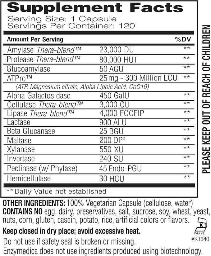 Enzymedica Digest Gold + ATPro, Maximum Strength Enzyme Formula, 14 Key Enzymes Including Amylase, Protease, Lipase and Lactase, 120 Capsules