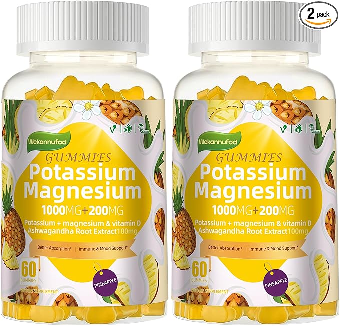 Potassium Magnesium Gummies,High Absorption Magnesium Glycinate,B6,D3,Potassium Citrate for Leg Cramps,Muscle,Electroyte for Adults Kids,Sugar-Free, 120 Gummies (Pineapple)