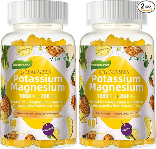 Potassium Magnesium Gummies,High Absorption Magnesium Glycinate,B6,D3,Potassium Citrate for Leg Cramps,Muscle,Electroyte for Adults Kids,Sugar-Free, 120 Gummies (Pineapple)