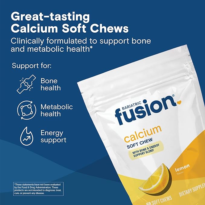 Bariatric Fusion Bariatric Calcium Supplement Chews | Calcium Citrate with Vitamin D3 Bariatric Vitamin | Sugar Free Chewable | 500mg | Lemon | 60 Count