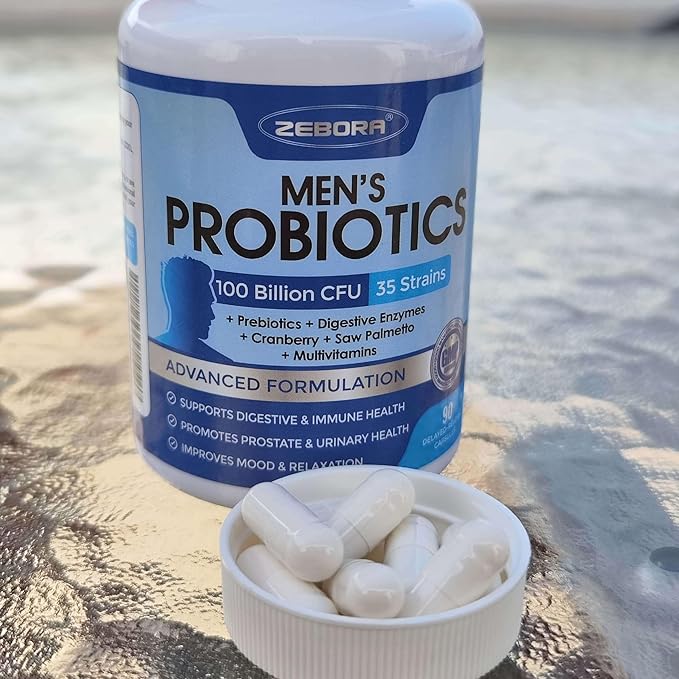 ZEBORA Probiotic for Men - 100 Billion CFU, Men's Probiotics for Gut Health, Prebiotics + Enzymes + Saw Palmetto + Cranberry, Daily Probiotic for Digestive Health, 180 Caps