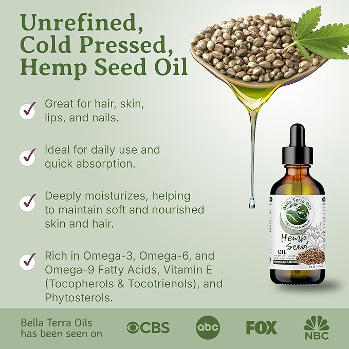 Bella Terra Oils - Hemp Seed Oil 8 oz - Cold-Pressed & Nutrient-Rich, Infused with Phytosterols, Potassium & Calcium for Skin & Hair Care