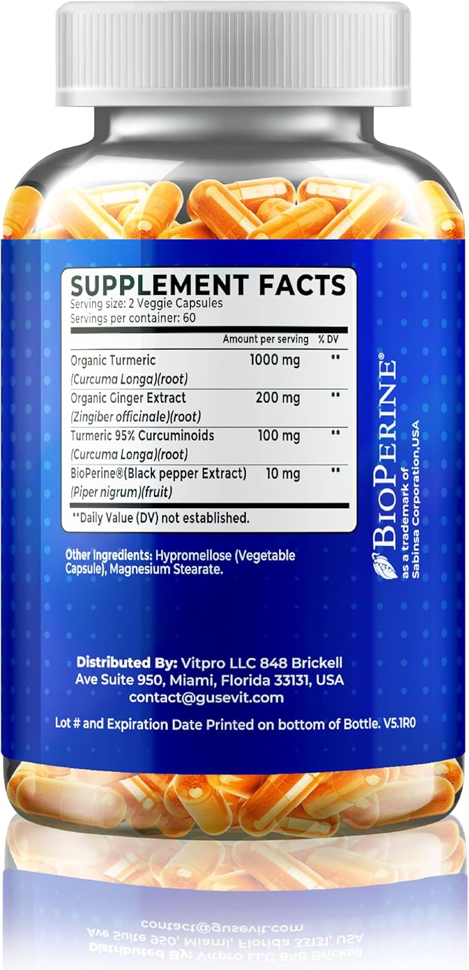 Turmeric + Ginger Extract + BioPerine for Best Absorption (Black Pepper Extract), 1,300+ mg per Serving, Turmeric 95% Curcuminoids, 120 Capsules, 60 Days Supply, GMP Facility
