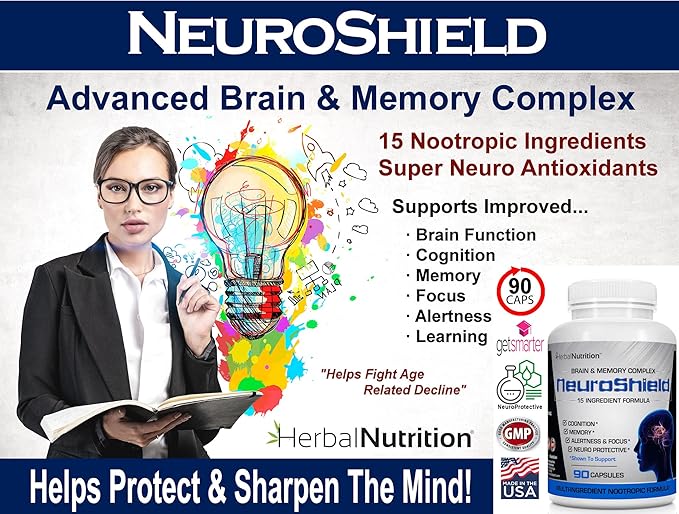 NeuroShield, Brain Supplement a Nootropic Brain Booster and Memory Supplement, Contains Huperzine A, Ginko Biloba, Bacopa Plus Antioxidants for Brain Health, Multi-Ingredients, 1 Bottle, 90 Capsules