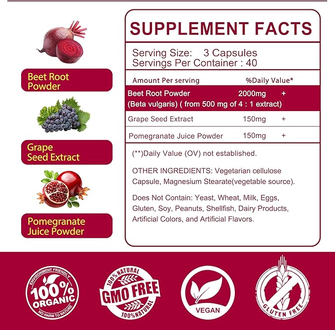 Beet Root Capsules 2000mg Nitric Oxide Supplements w/ Grape Seed Extract, Pomegranate Extract Supports Circulation & Blood Flow, Energy for Men/Women, Organic Beetroot Powder, Non GMO, 240 Counts